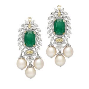 Emerald, Diamond & Pearl Bridal Earring