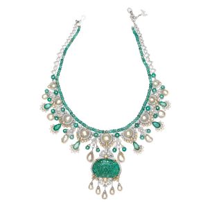 Carved Emerald and Pearl Bridal Necklace