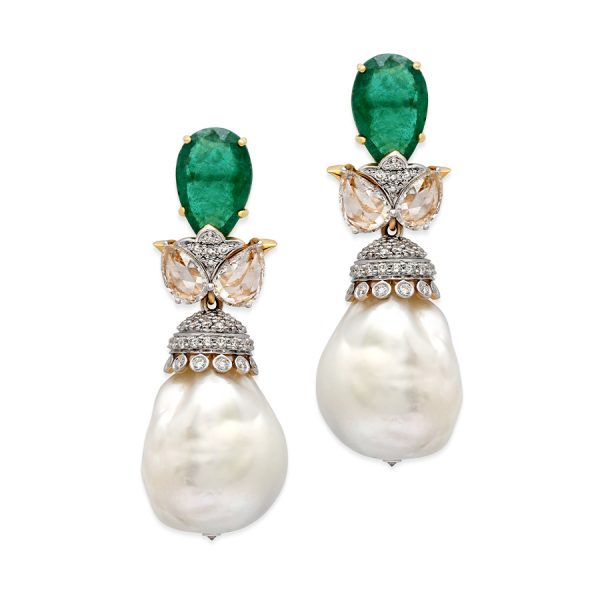 Bridal Earring: Emerald & Uneven Pearl Drop Diamond Earrings