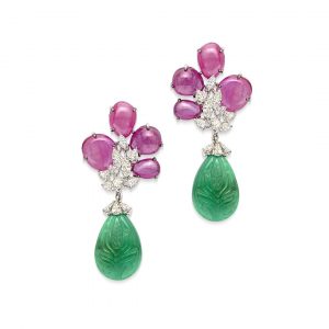 Carved Emerald & Pink Sapphire Earrings