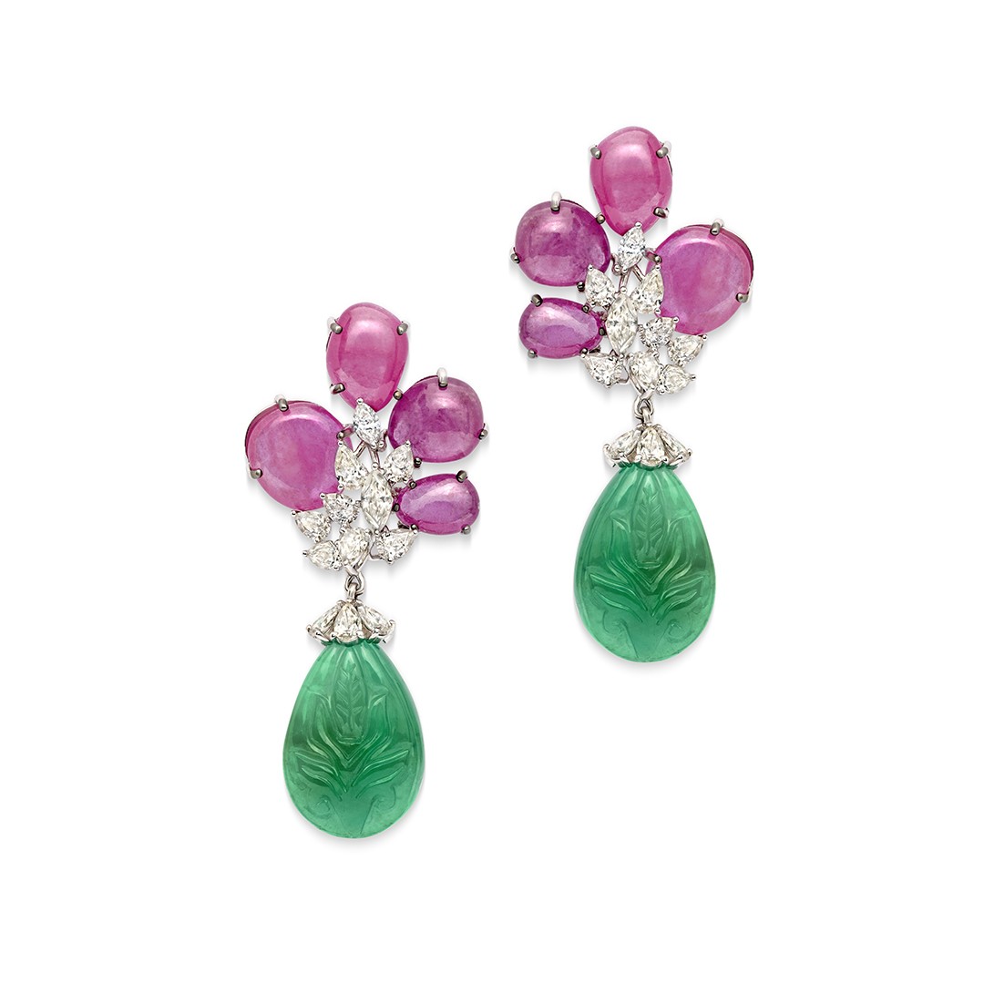 Carved Coral Emerald Diamond Earrings  Jaipur Jewels